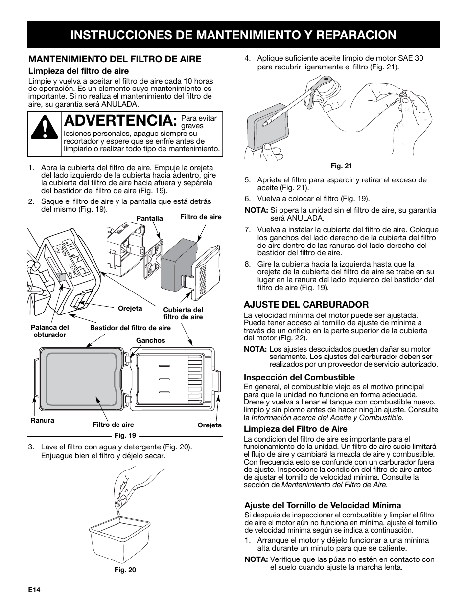 Advertencia, Instrucciones de mantenimiento y reparacion | Troy-Bilt TB144 User Manual | Page 60 / 72