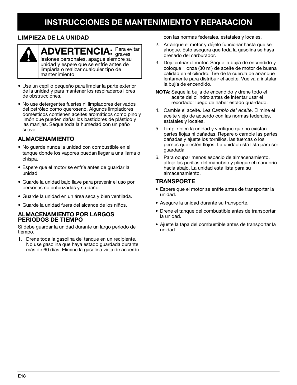 Advertencia, Instrucciones de mantenimiento y reparacion | Troy-Bilt TB144 User Manual | Page 64 / 72