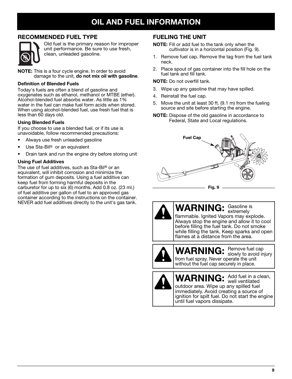 Warning, Oil and fuel information | Troy-Bilt TB144 User Manual | Page 9 / 72