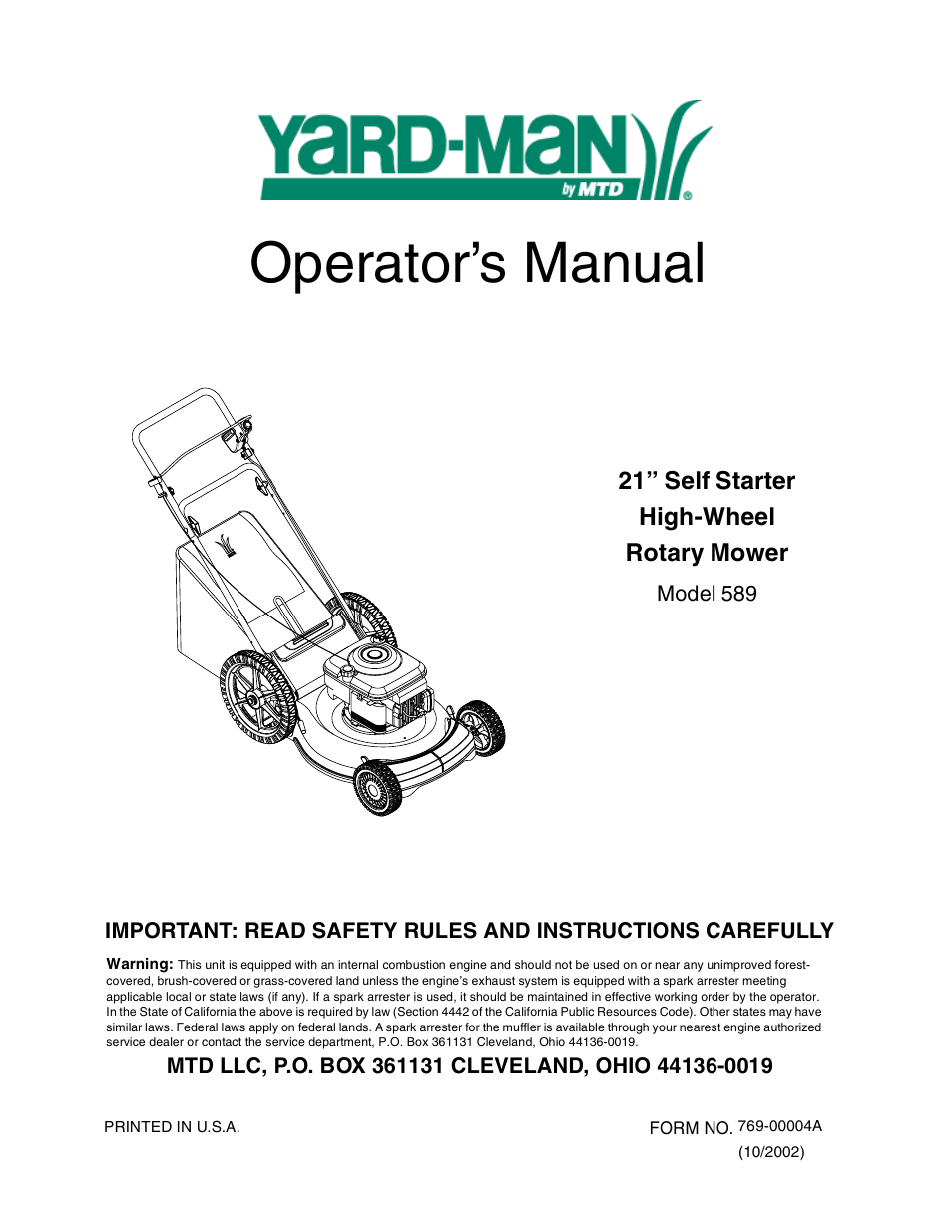 MTD 21” Self Starter 589 User Manual | 18 pages