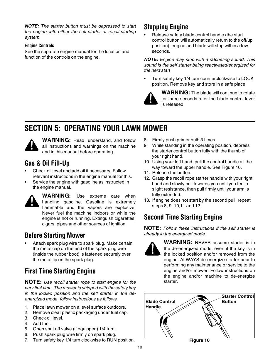 Stopping engine, Gas & oil fill-up, Before starting mower | First time starting engine, Second time starting engine | MTD 21” Self Starter 589 User Manual | Page 10 / 18