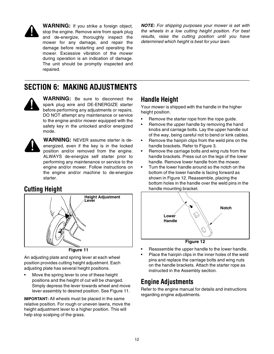 Cutting height, Handle height, Engine adjustments | MTD 21” Self Starter 589 User Manual | Page 12 / 18