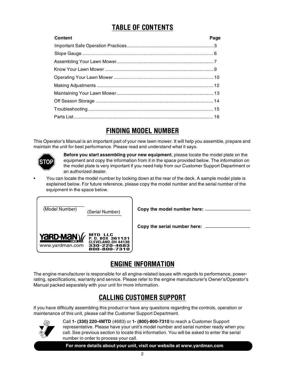 MTD 21” Self Starter 589 User Manual | Page 2 / 18