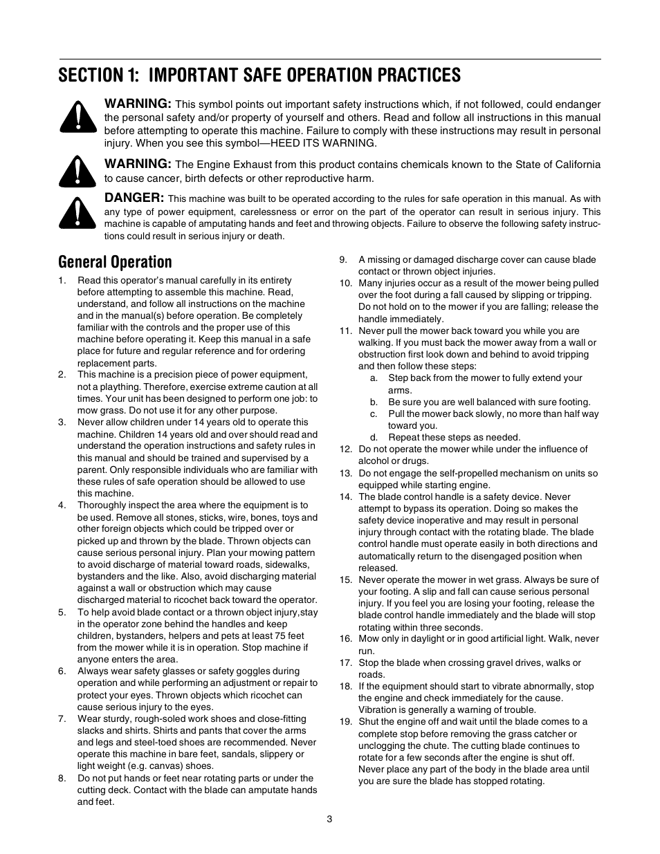 General operation, Warning, Danger | MTD 21” Self Starter 589 User Manual | Page 3 / 18