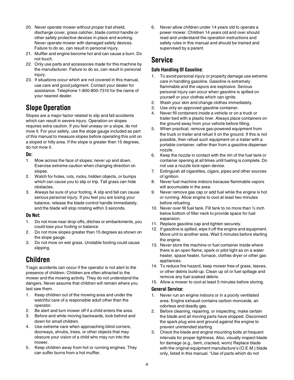 Slope operation, Children, Service | MTD 21” Self Starter 589 User Manual | Page 4 / 18