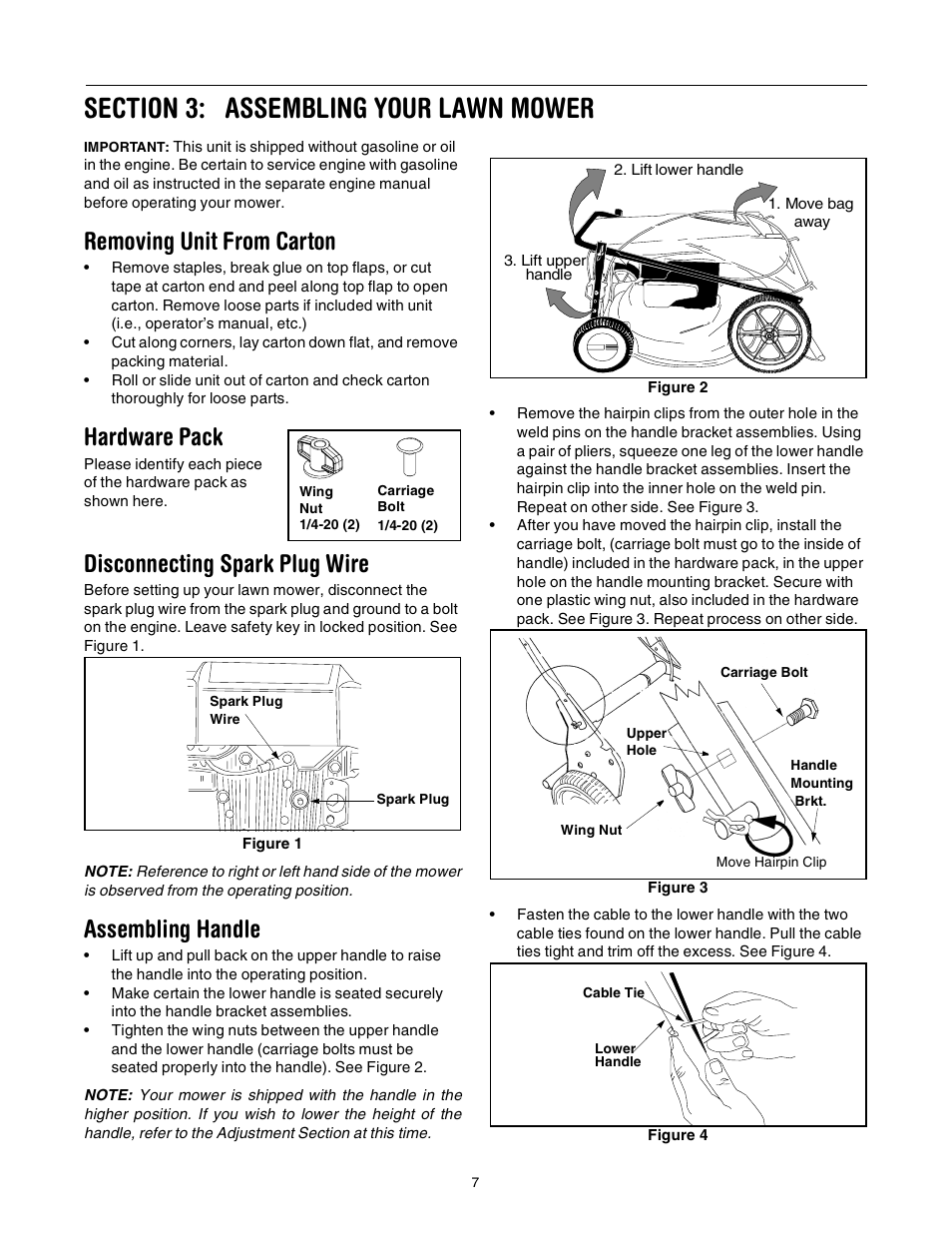 Removing unit from carton, Hardware pack, Disconnecting spark plug wire | Assembling handle | MTD 21” Self Starter 589 User Manual | Page 7 / 18