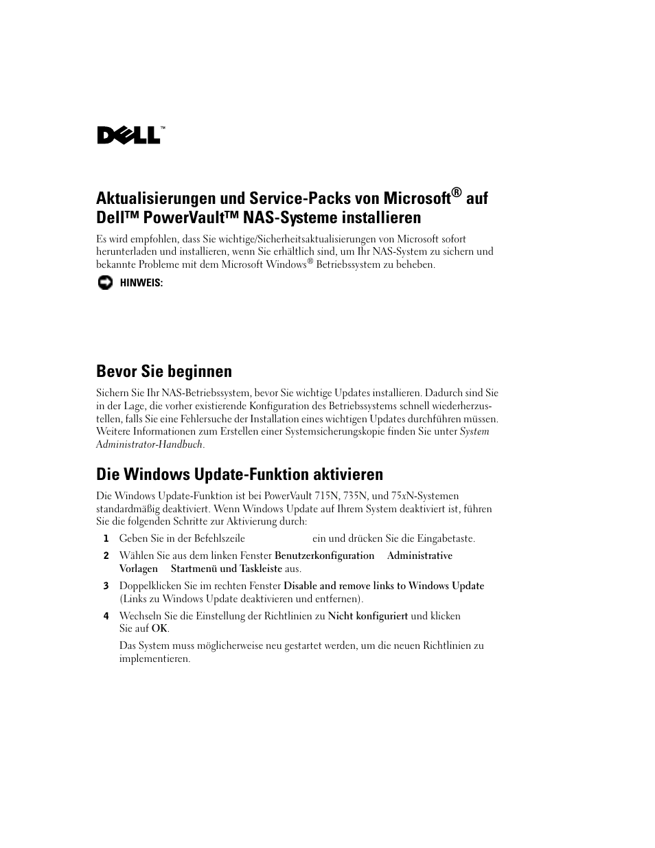 German, Bevor sie beginnen, Die windows update-funktion aktivieren | Aktualisierungen und service-packs von microsoft, Auf dell™ powervault™ nas-systeme installieren | Dell PowerVault 770N (Deskside NAS Appliance) User Manual | Page 5 / 10