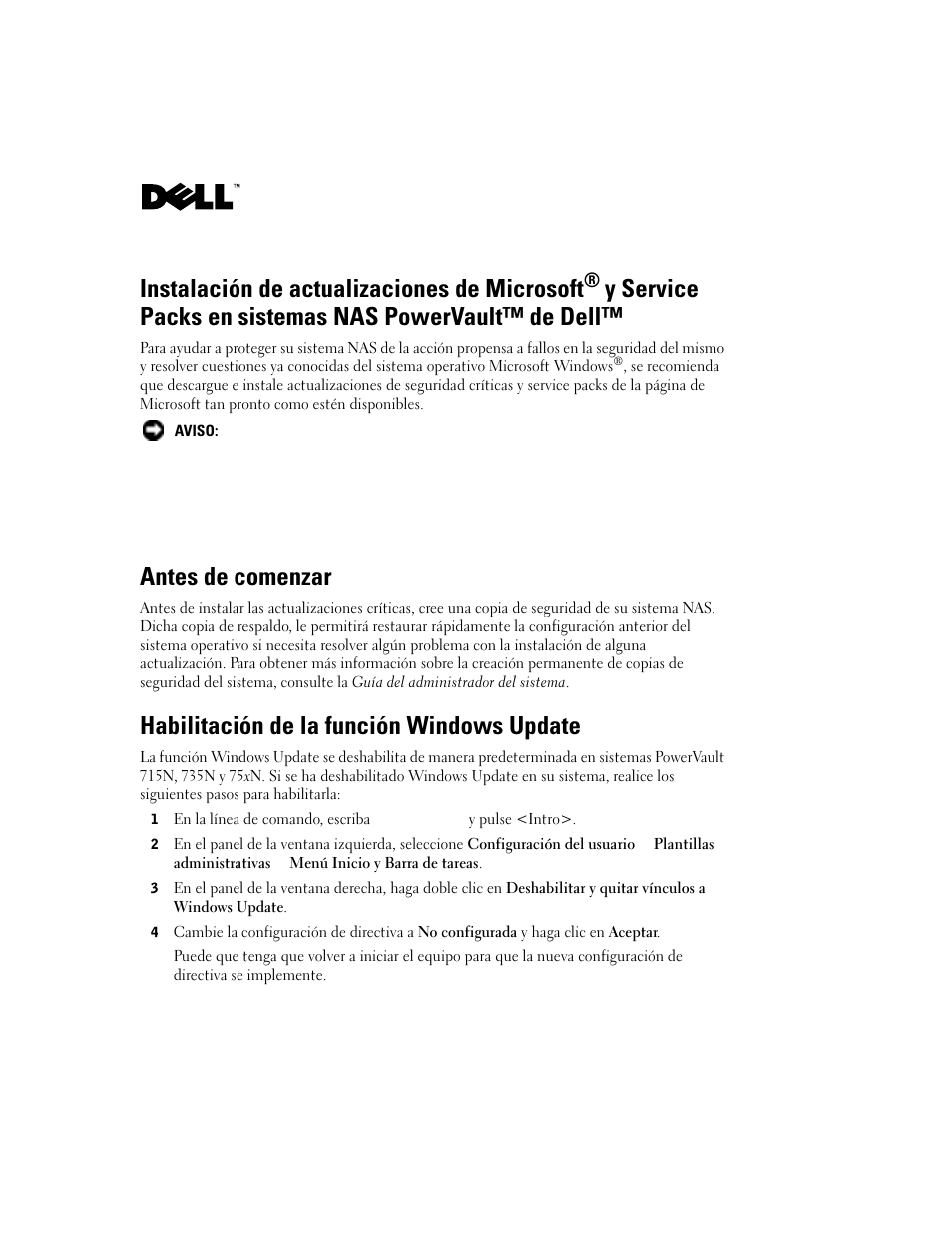 Spanish, Antes de comenzar, Habilitación de la función windows update | Instalación de actualizaciones de microsoft | Dell PowerVault 770N (Deskside NAS Appliance) User Manual | Page 9 / 10