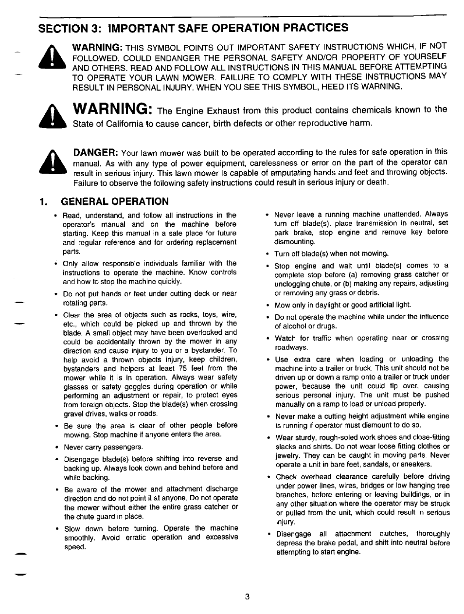 Section 3: important safe operation practices, General operation, Warning | Bolens LT-185 User Manual | Page 3 / 36