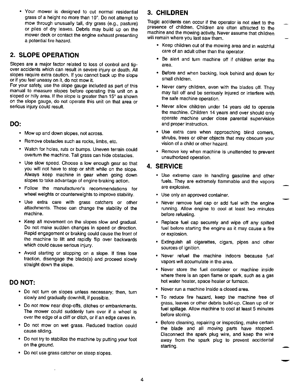 Slope operation, Do not, Children | Service | Bolens LT-185 User Manual | Page 4 / 36