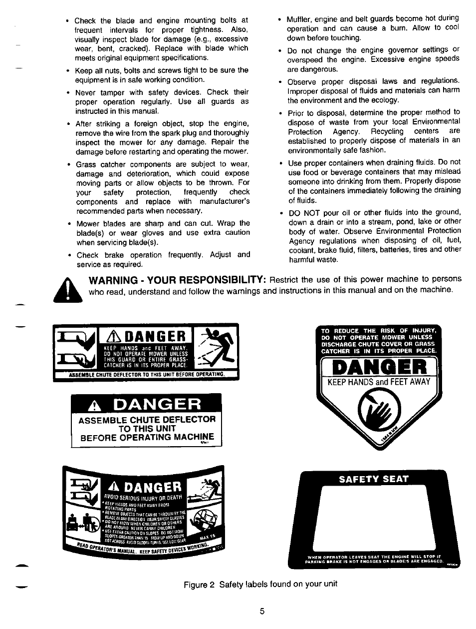 A danger, Assemble chute deflector to this unit, Before operating machine | Safety seat, Warning - your responsibility | Bolens LT-185 User Manual | Page 5 / 36