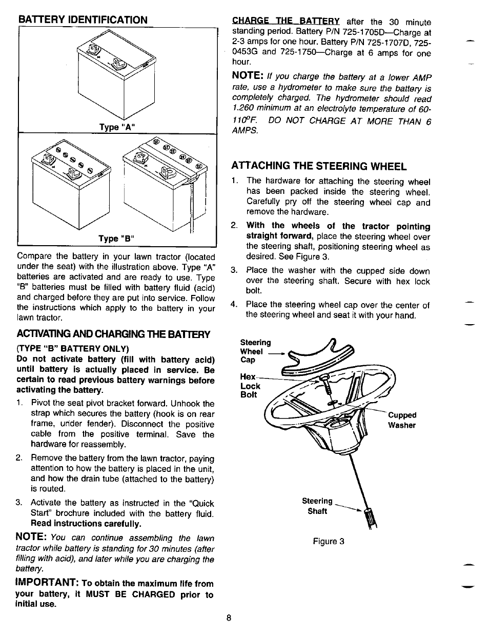 Battery identification, Activating and charging the battery, Type “b” battery only) | Attaching the steering wheel | Bolens LT-185 User Manual | Page 8 / 36