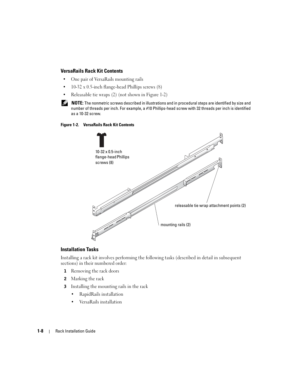 Versarails rack kit contents, Installation tasks, Figure 1-2 | Dell PowerEdge SC1425 User Manual | Page 10 / 134