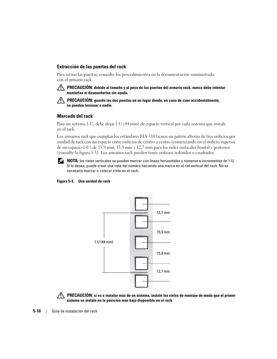 Extracción de las puertas del rack, Marcado del rack, Figura 5-3 | Una unidad de rack | Dell PowerEdge SC1425 User Manual | Page 116 / 134