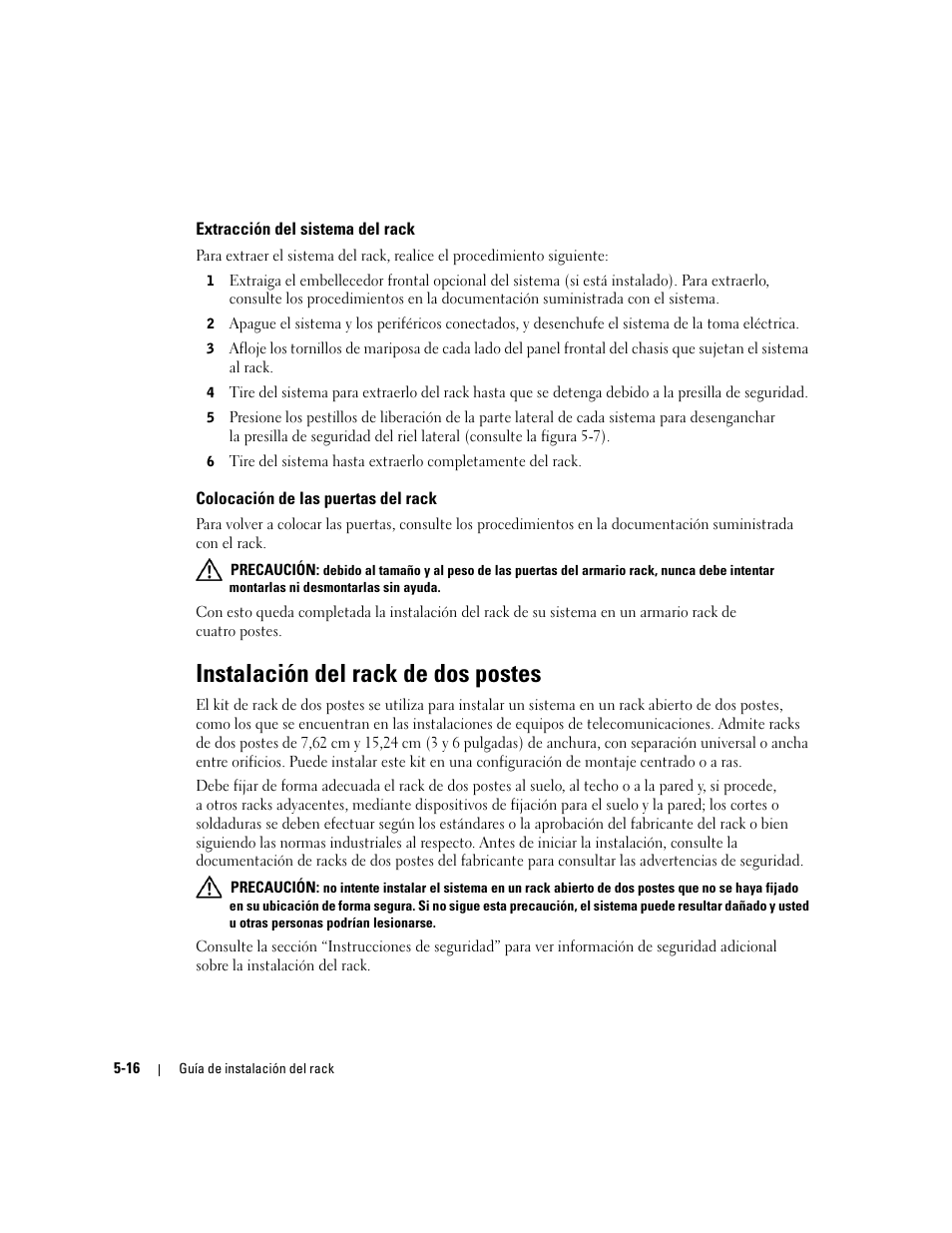 Extracción del sistema del rack, Colocación de las puertas del rack, Instalación del rack de dos postes | Dell PowerEdge SC1425 User Manual | Page 122 / 134