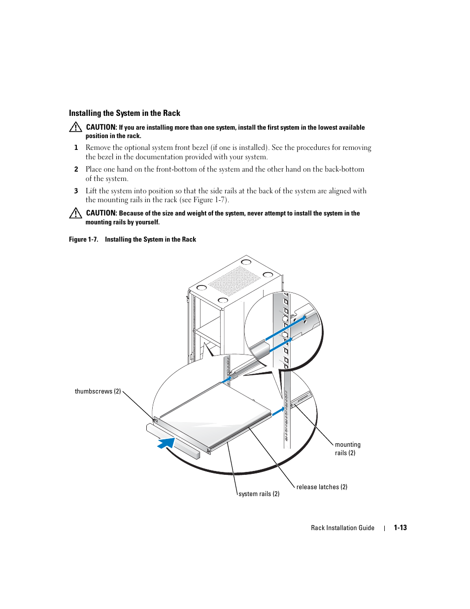 Installing the system in the rack, Figure 1-7 | Dell PowerEdge SC1425 User Manual | Page 15 / 134