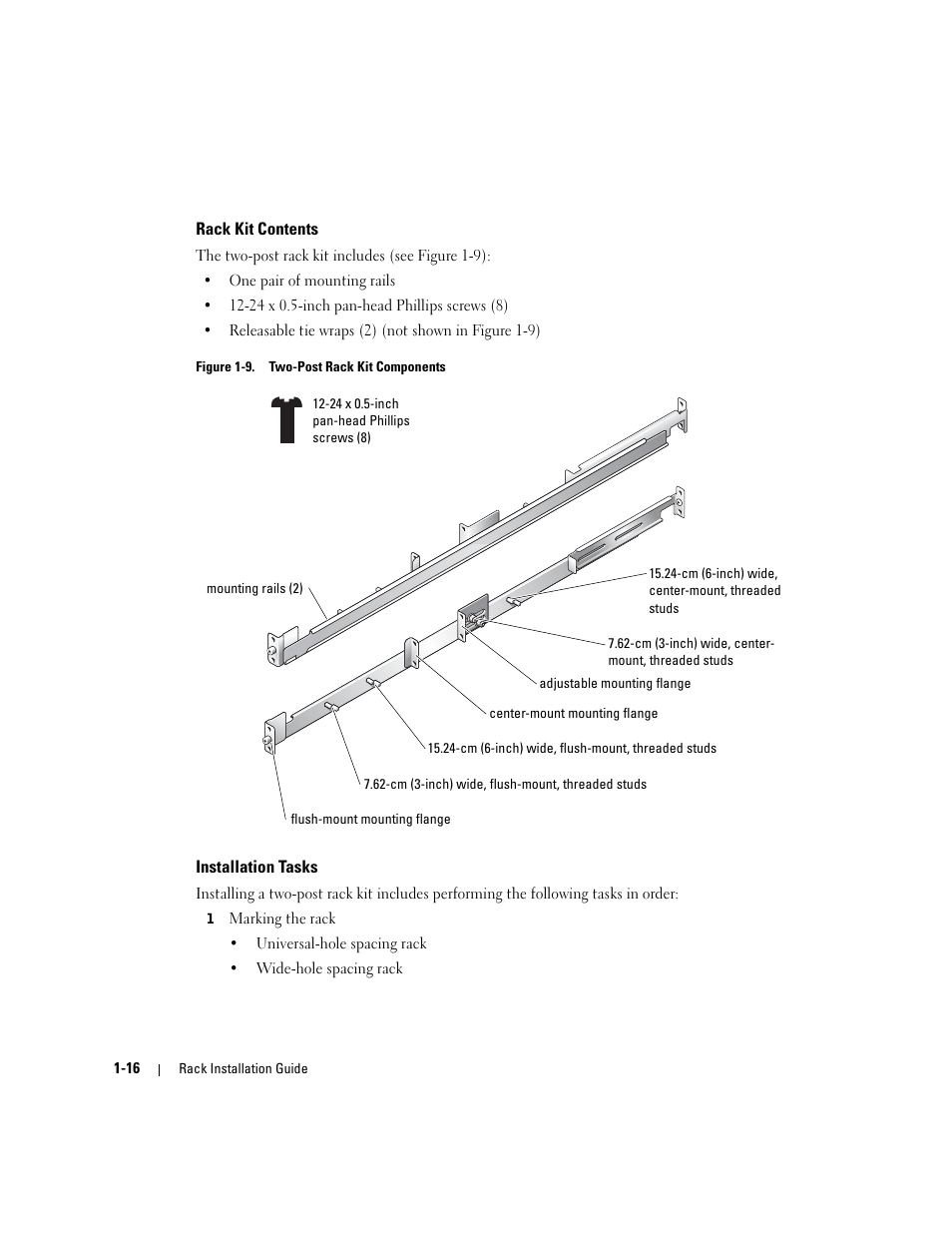 Rack kit contents, Installation tasks, Figure 1-9 | Two-post rack kit components | Dell PowerEdge SC1425 User Manual | Page 18 / 134