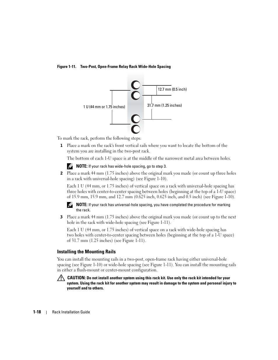 Installing the mounting rails, Figure 1-11, Two-post, open-frame relay rack wide-hole spacing | Dell PowerEdge SC1425 User Manual | Page 20 / 134