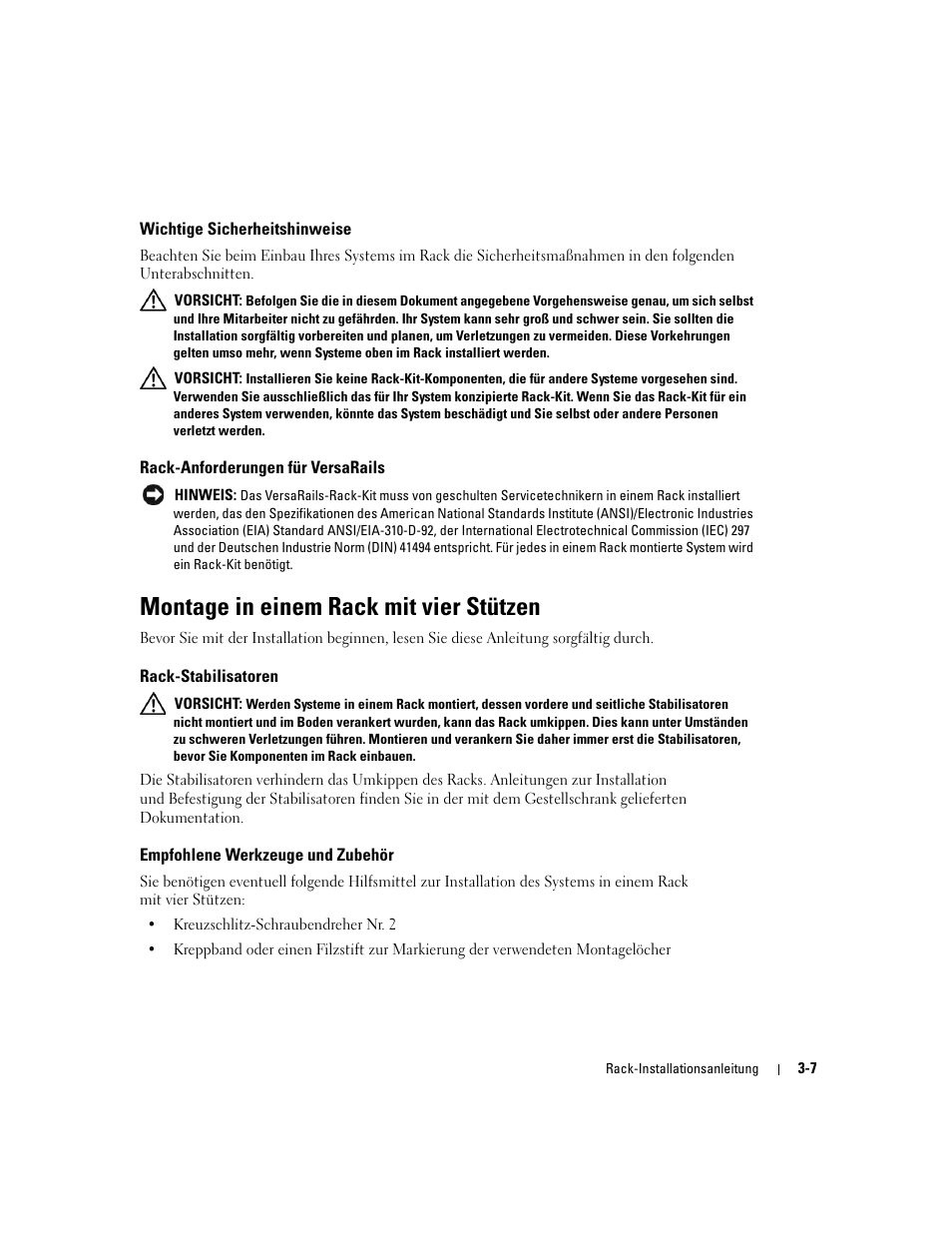 Wichtige sicherheitshinweise, Rack-anforderungen für versarails, Montage in einem rack mit vier stützen | Rack-stabilisatoren, Empfohlene werkzeuge und zubehör | Dell PowerEdge SC1425 User Manual | Page 59 / 134