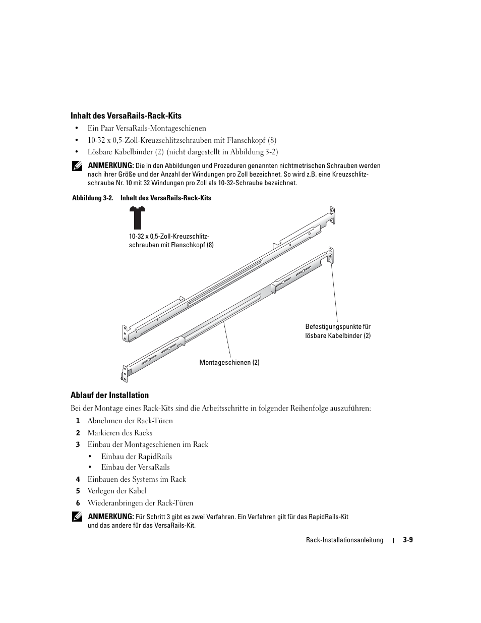 Inhalt des versarails-rack-kits, Ablauf der installation, Abbildung 3-2 | Dell PowerEdge SC1425 User Manual | Page 61 / 134