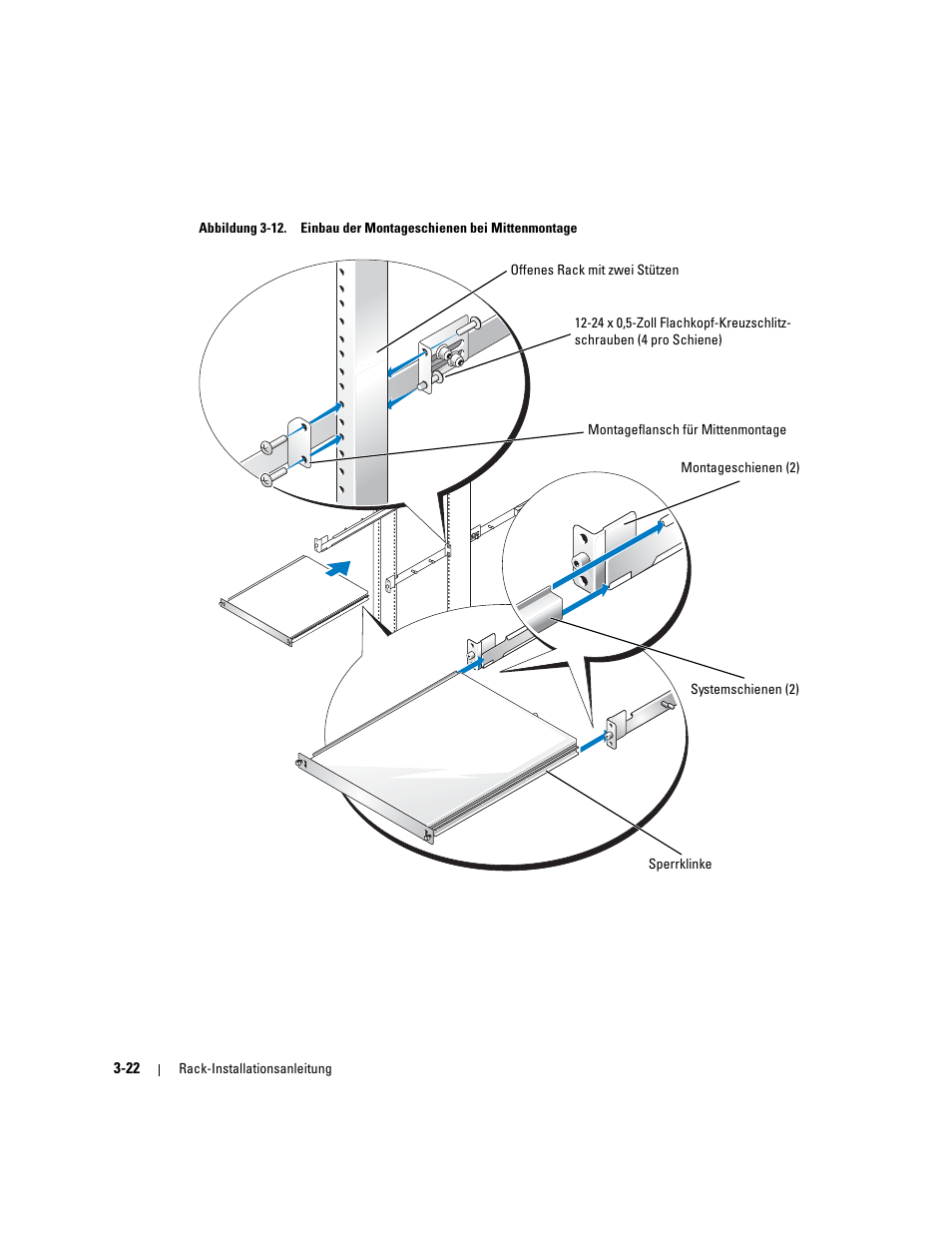 Abbildung 3-12, Einbau der montageschienen bei mittenmontage, Siehe abbildung 3-12) | Dell PowerEdge SC1425 User Manual | Page 74 / 134