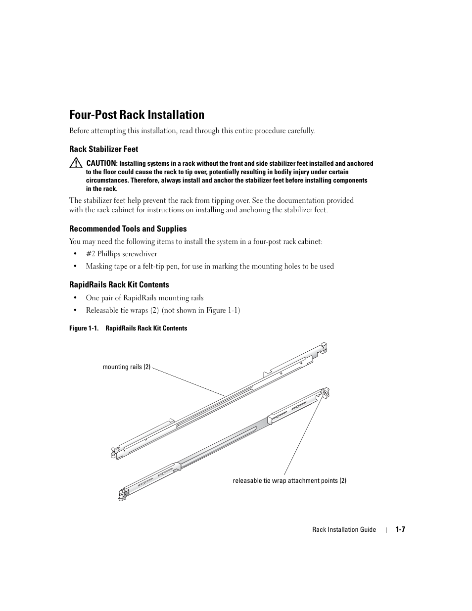 Four-post rack installation, Rack stabilizer feet, Recommended tools and supplies | Rapidrails rack kit contents, Figure 1-1 | Dell PowerEdge SC1425 User Manual | Page 9 / 134