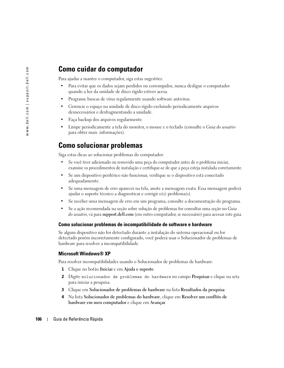 Como cuidar do computador, Como solucionar problemas, Microsoft windows® xp | Dell Precision 470 User Manual | Page 106 / 168