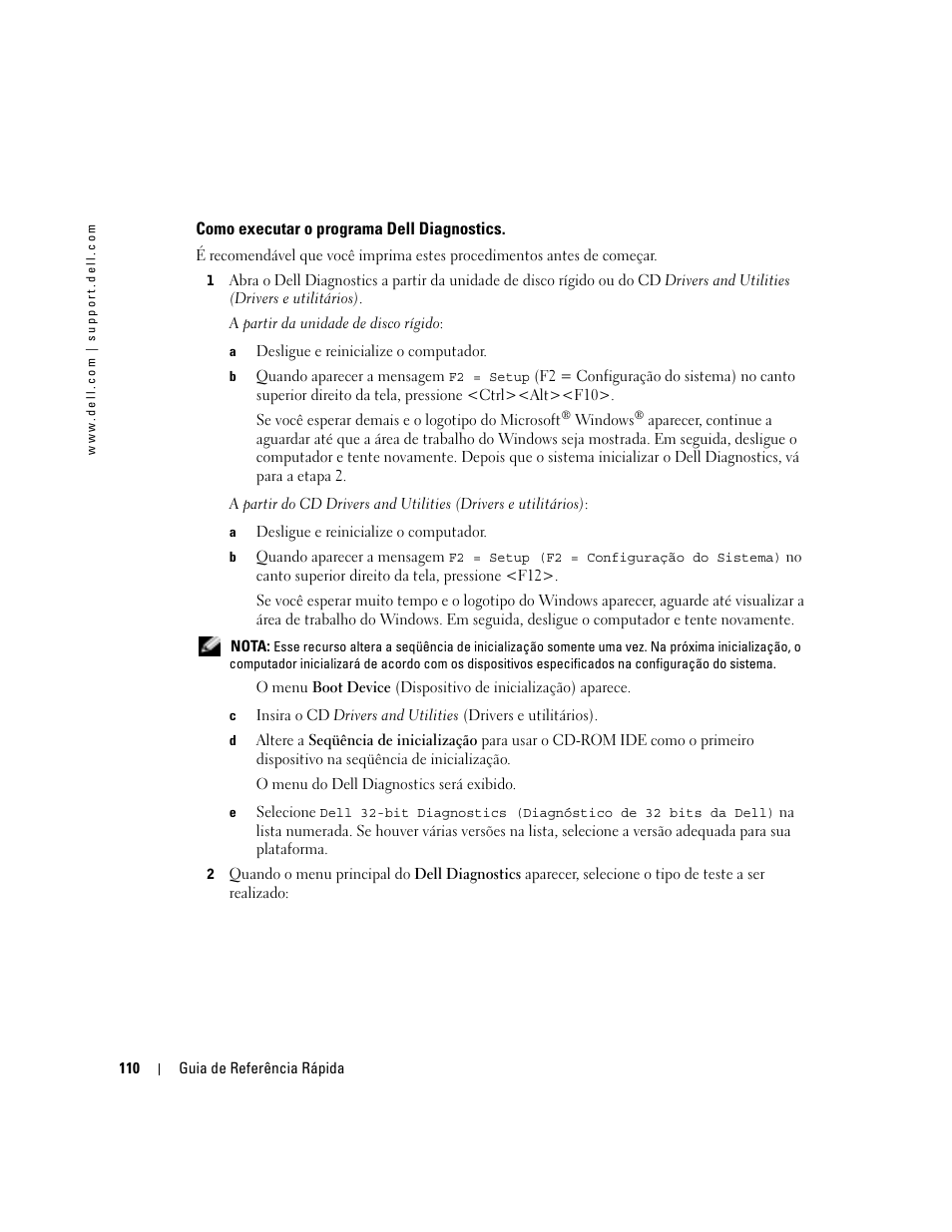 Como executar o programa dell diagnostics | Dell Precision 470 User Manual | Page 110 / 168