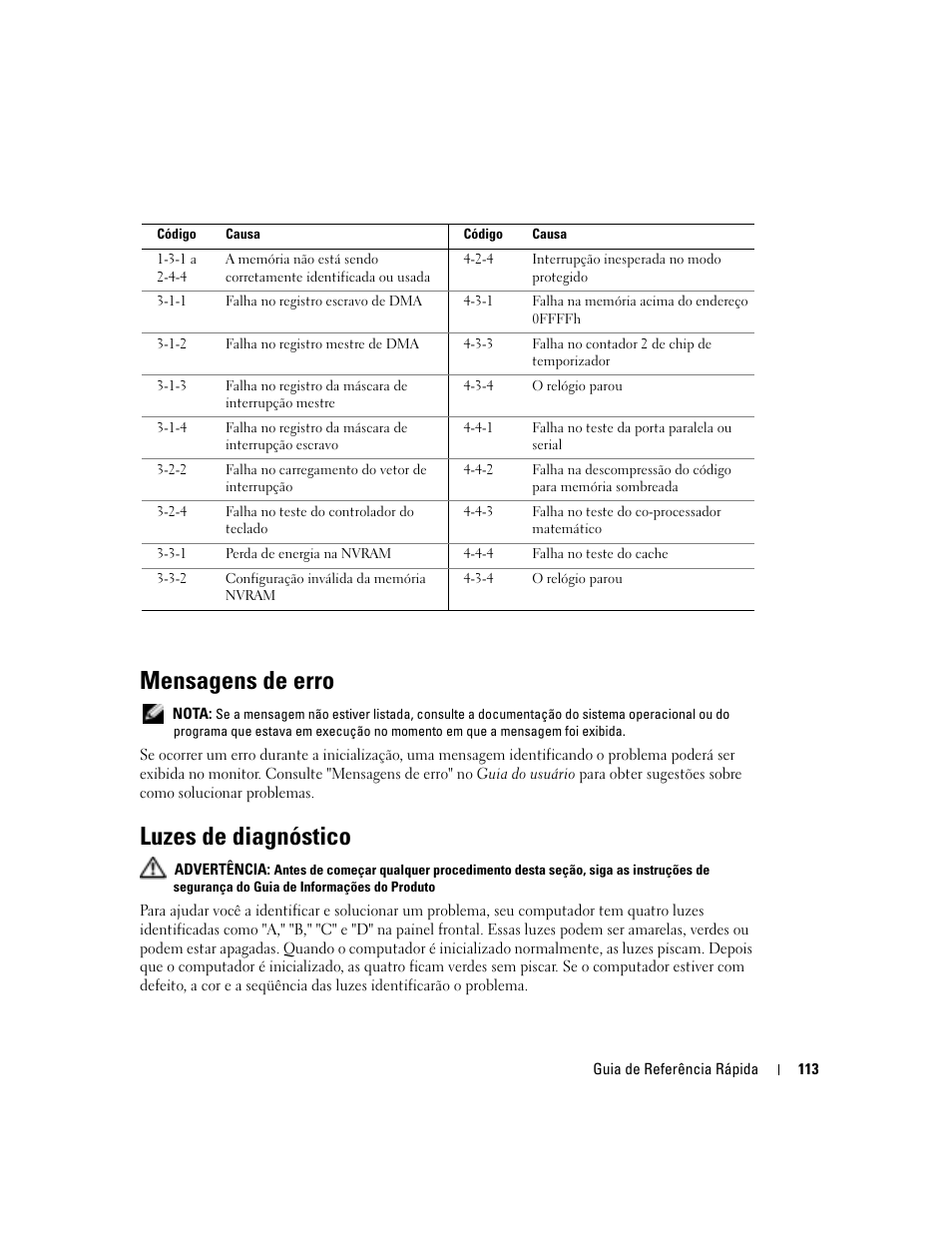 Mensagens de erro, Luzes de diagnóstico | Dell Precision 470 User Manual | Page 113 / 168