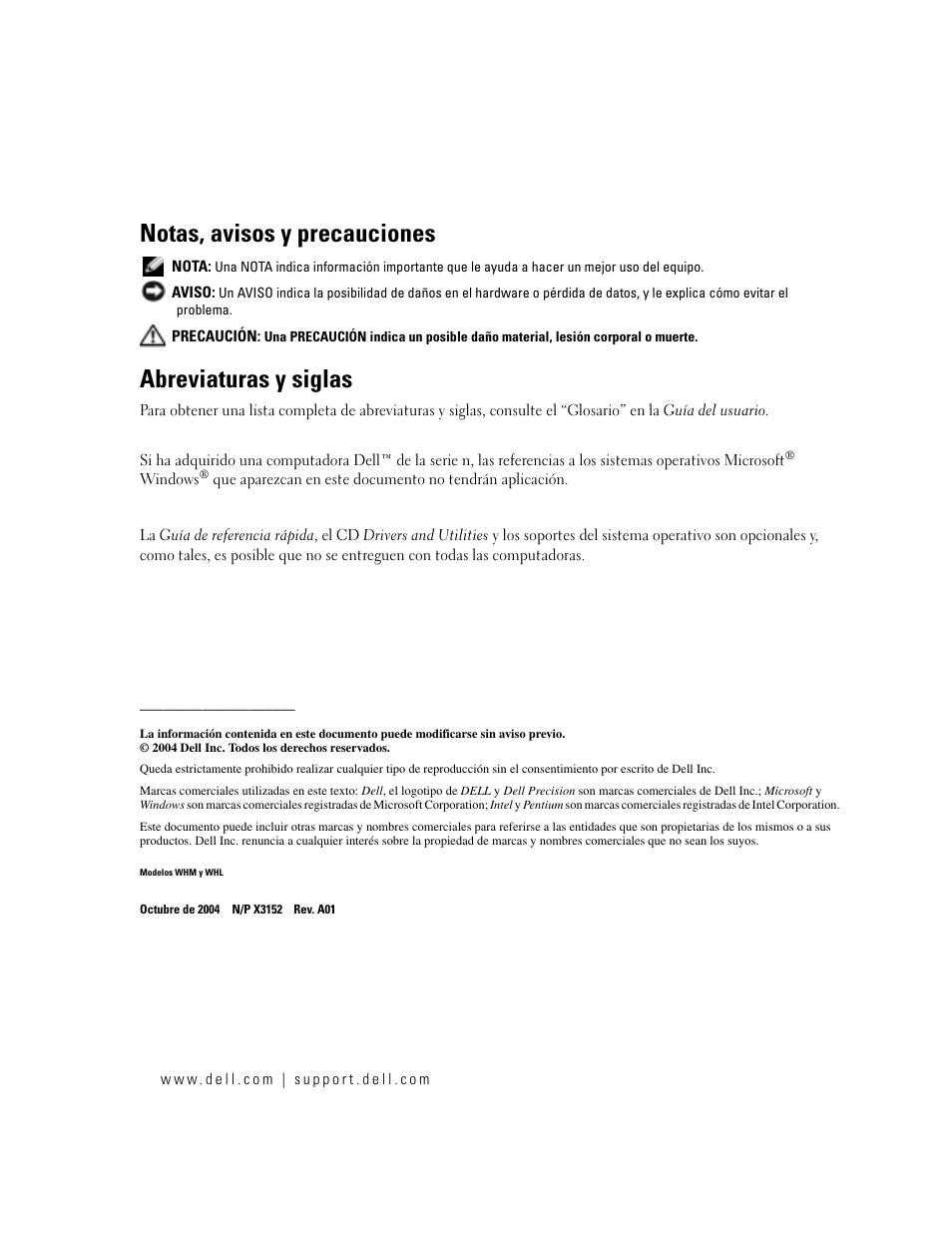Notas, avisos y precauciones, Abreviaturas y siglas | Dell Precision 470 User Manual | Page 128 / 168