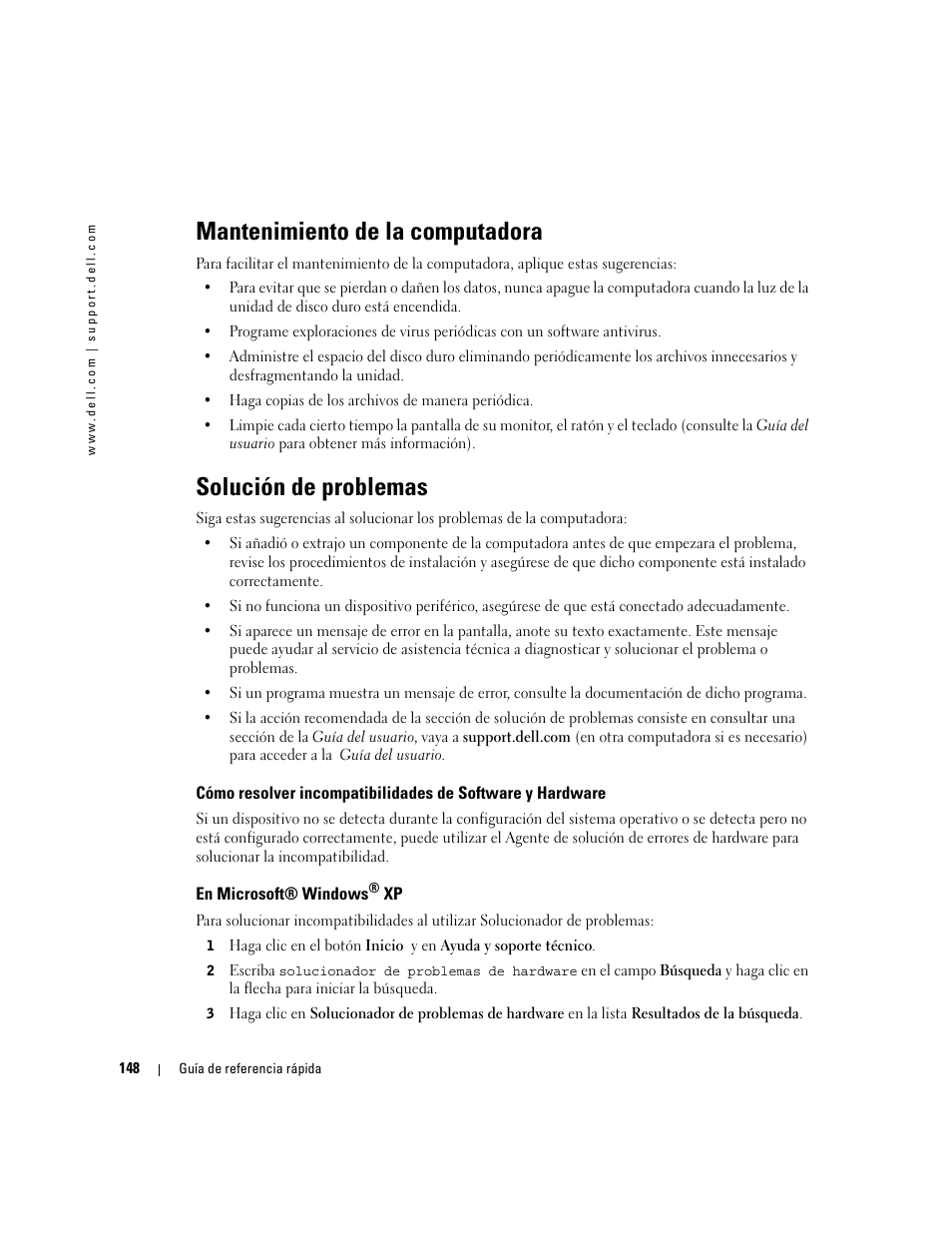 Mantenimiento de la computadora, Solución de problemas, En microsoft® windows® xp | En microsoft | Dell Precision 470 User Manual | Page 148 / 168