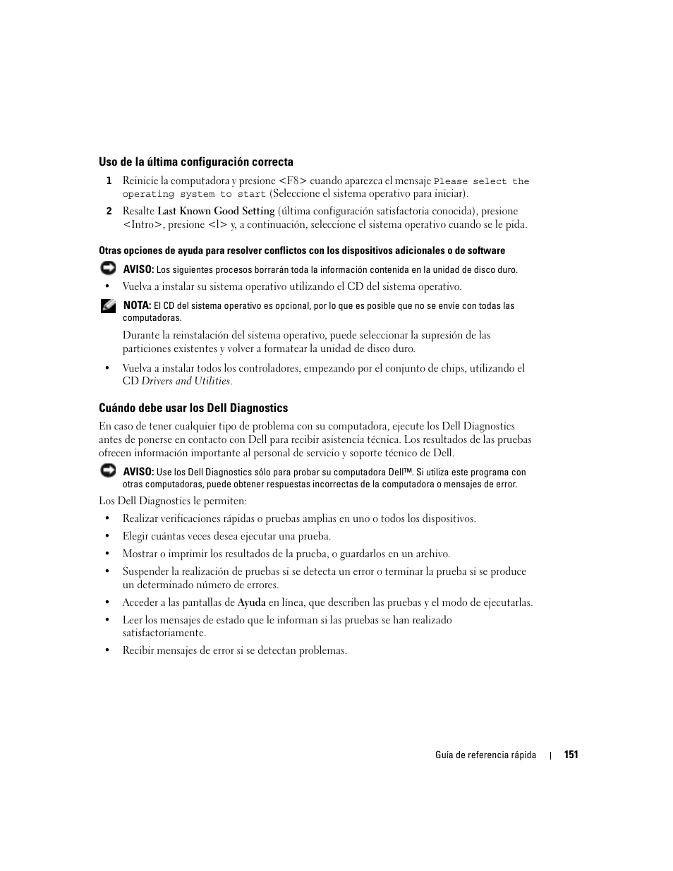 Uso de la última configuración correcta, Cuándo debe usar los dell diagnostics | Dell Precision 470 User Manual | Page 151 / 168