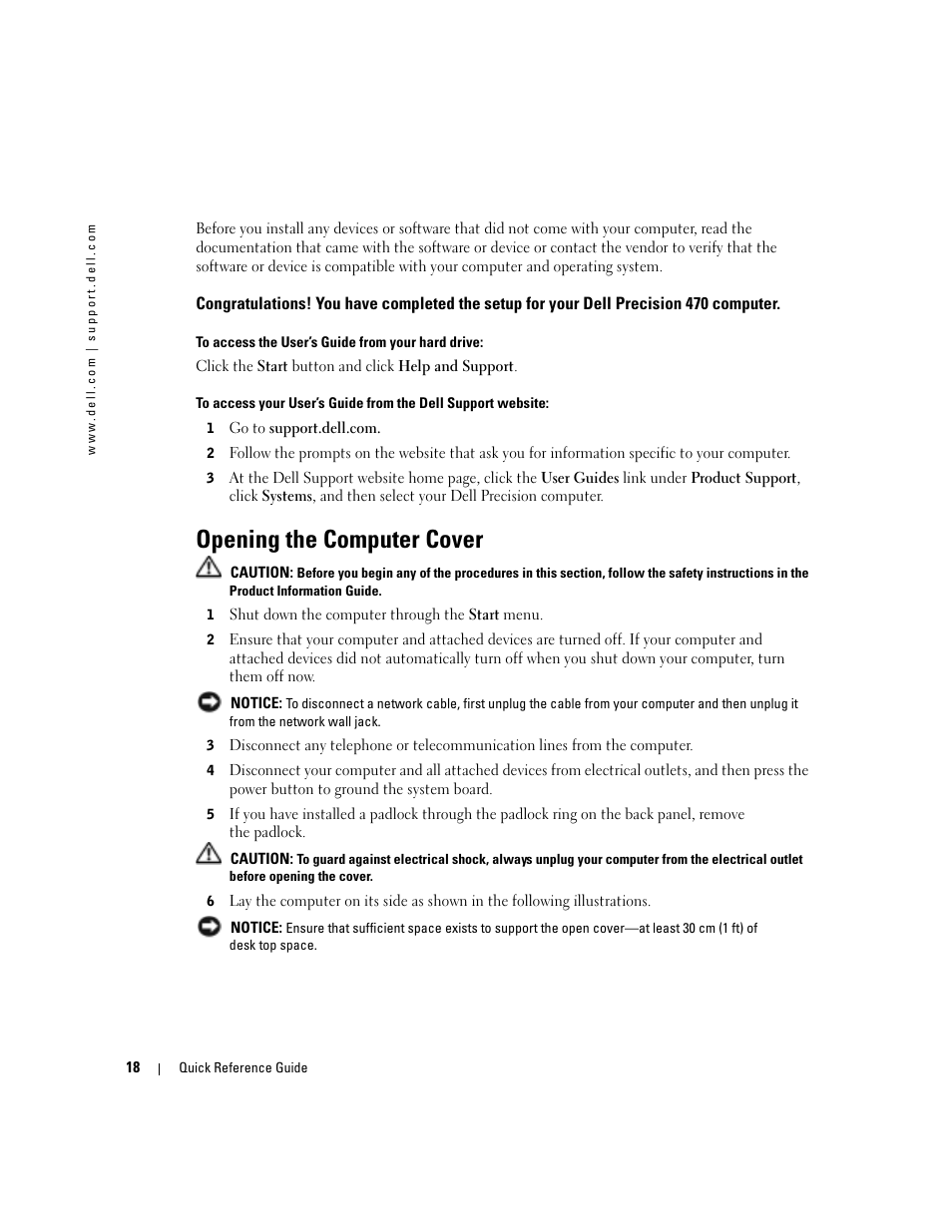 Opening the computer cover | Dell Precision 470 User Manual | Page 18 / 168