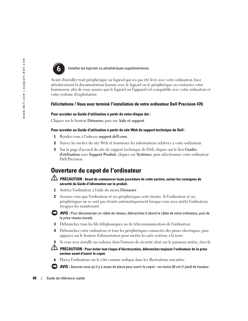 Ouverture du capot de l'ordinateur | Dell Precision 470 User Manual | Page 60 / 168