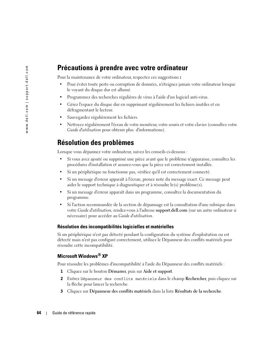 Précautions à prendre avec votre ordinateur, Résolution des problèmes, Microsoft windows® xp | Microsoft windows | Dell Precision 470 User Manual | Page 64 / 168