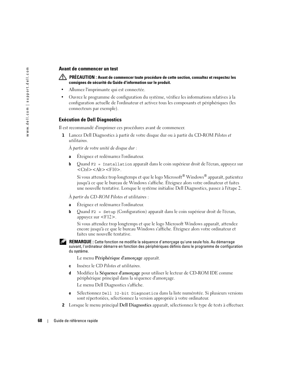 Avant de commencer un test, Exécution de dell diagnostics | Dell Precision 470 User Manual | Page 68 / 168