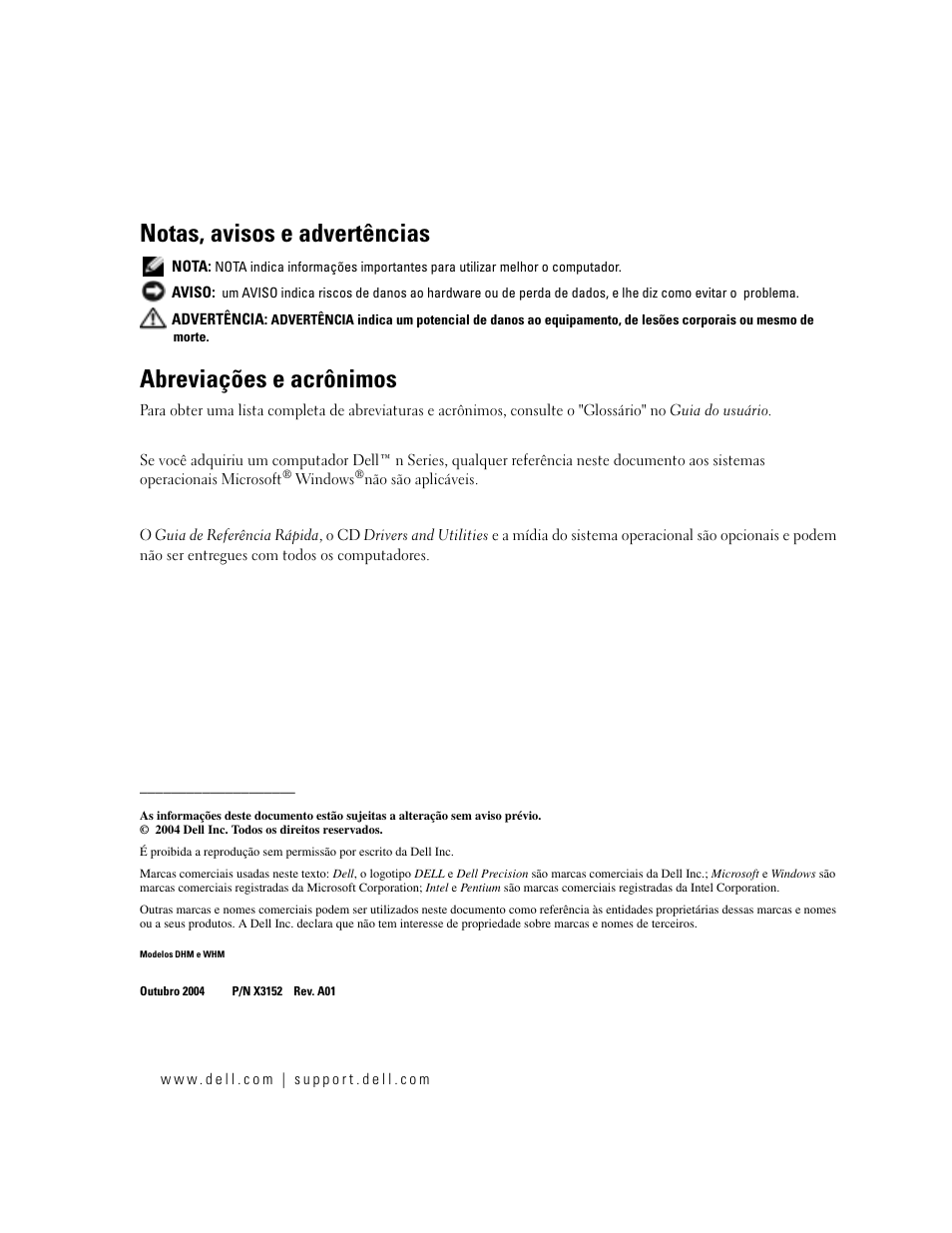 Notas, avisos e advertências, Abreviações e acrônimos | Dell Precision 470 User Manual | Page 86 / 168