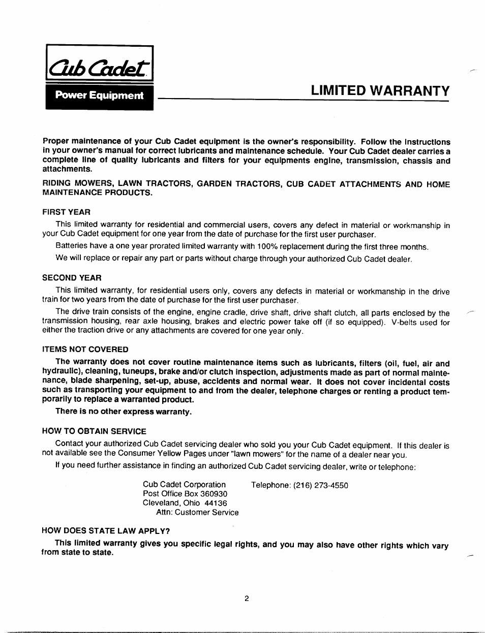 Cub cadet, Limited warranty, Power equipment | Bolens 2182 User Manual | Page 2 / 44