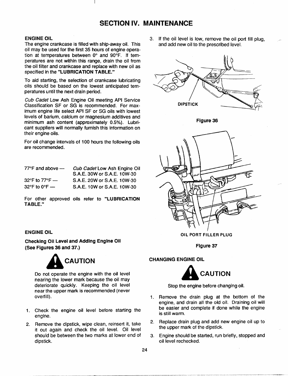 Section iv. maintenance, Caution | Bolens 2182 User Manual | Page 24 / 44