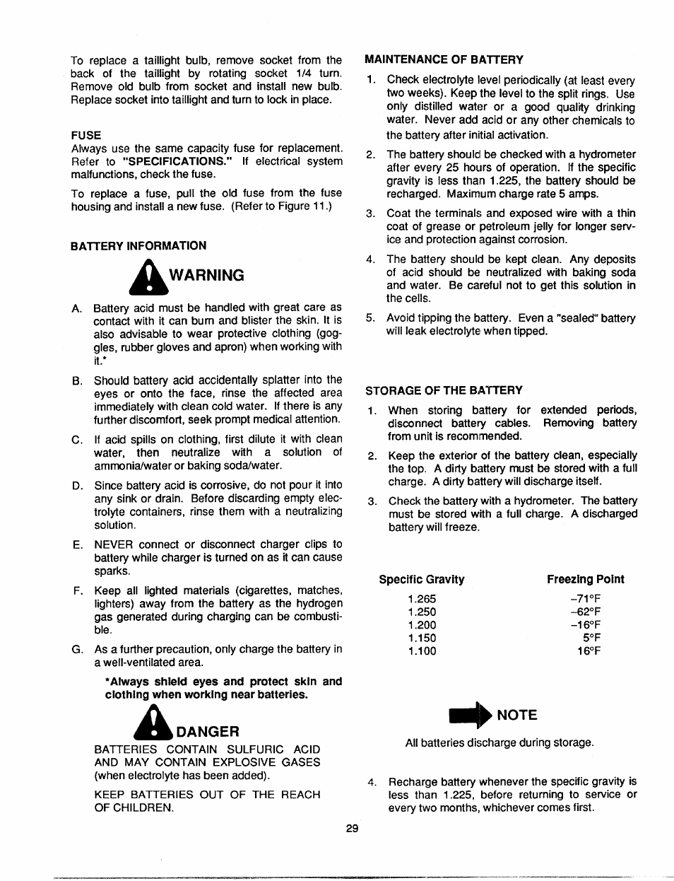 A danger, Note | Bolens 2182 User Manual | Page 29 / 44