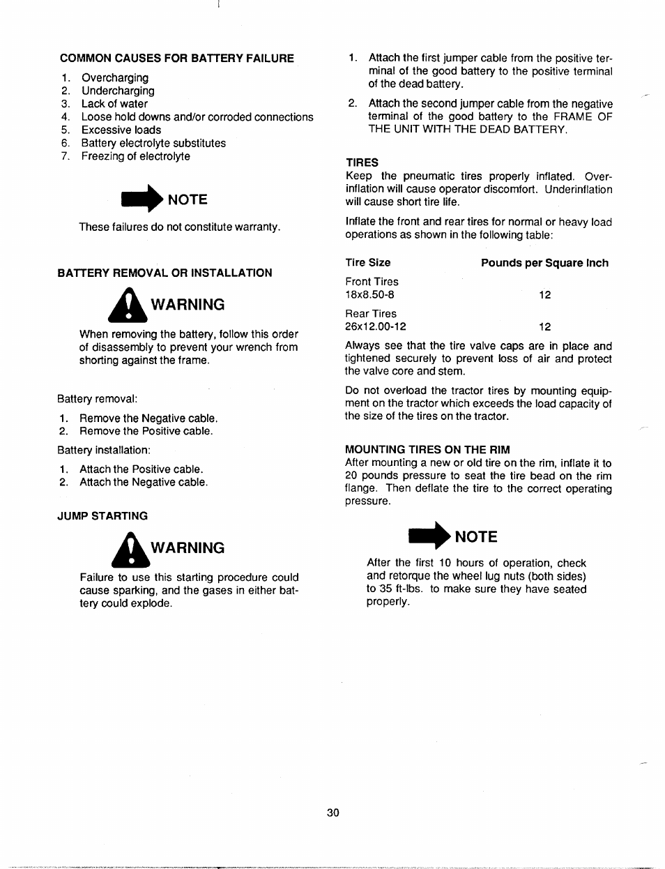 Note, Warning | Bolens 2182 User Manual | Page 30 / 44