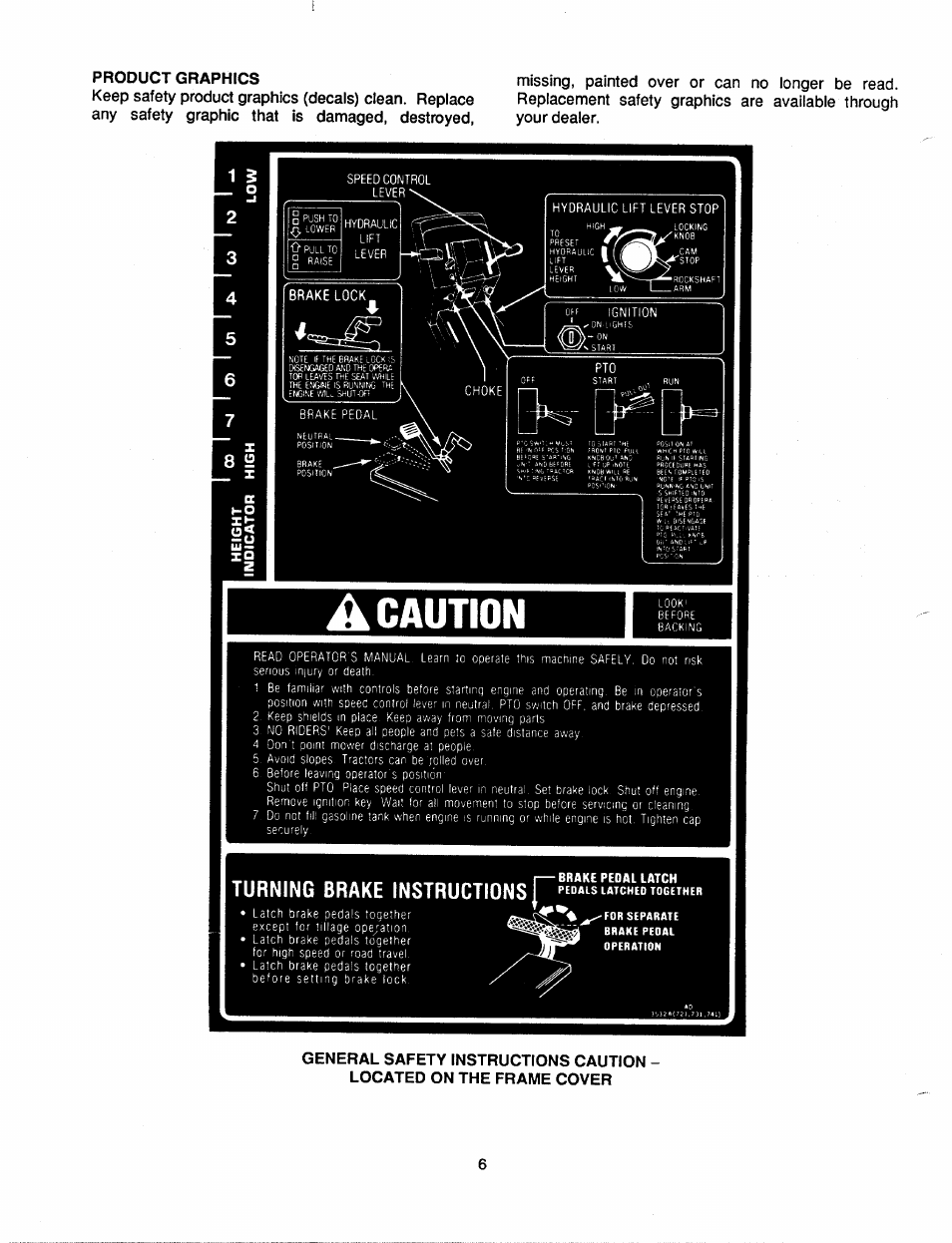 Caution, Turning brake instructions, Brake lock | Bolens 2182 User Manual | Page 6 / 44