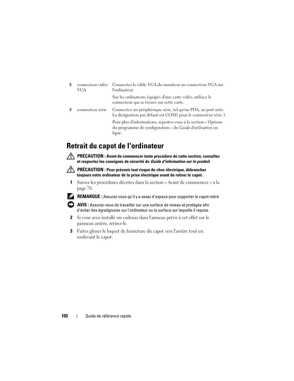 Retrait du capot de l'ordinateur | Dell OptiPlex 330 (Late 2007) User Manual | Page 102 / 412