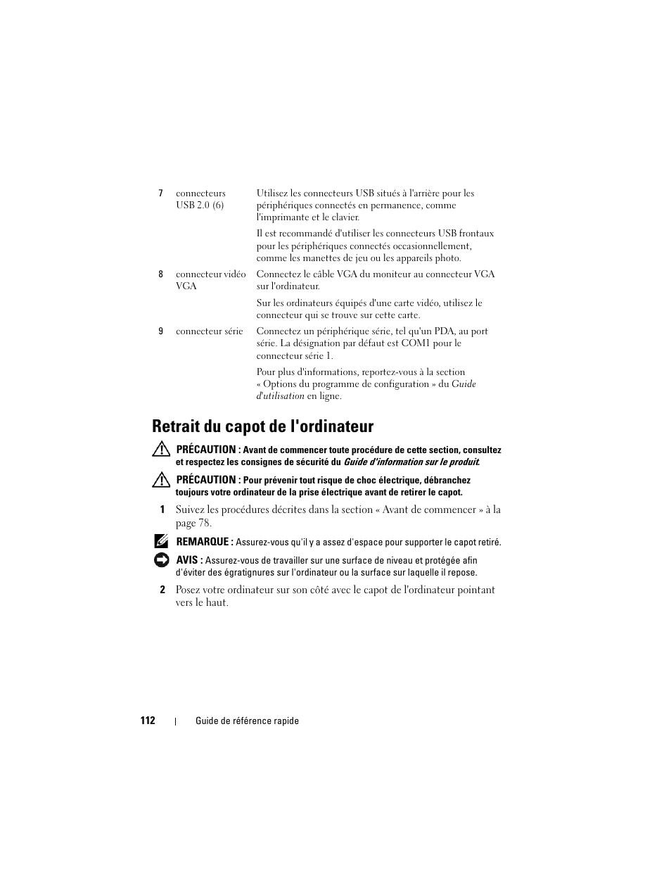 Retrait du capot de l'ordinateur | Dell OptiPlex 330 (Late 2007) User Manual | Page 112 / 412