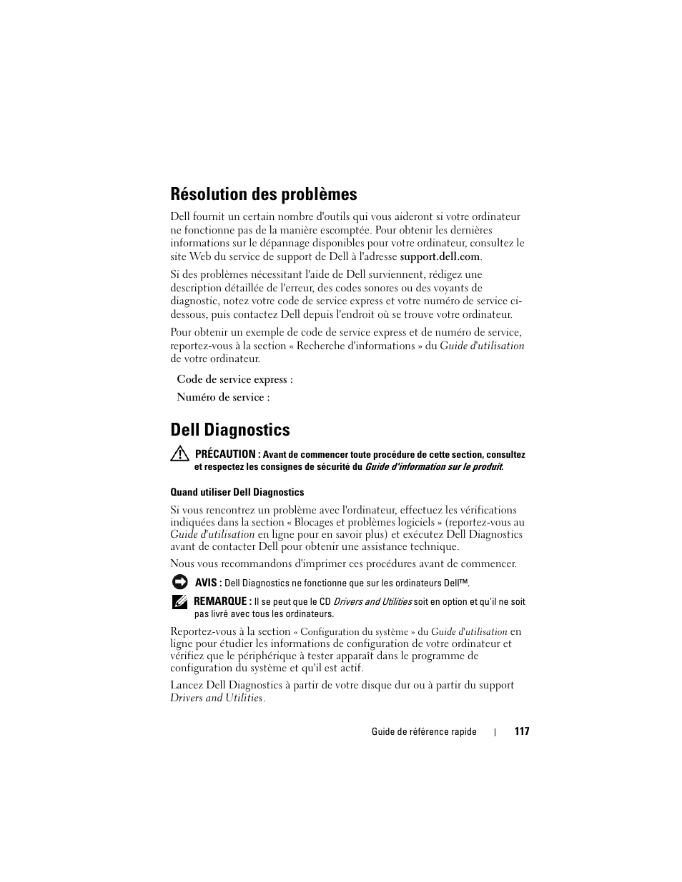 Résolution des problèmes, Dell diagnostics | Dell OptiPlex 330 (Late 2007) User Manual | Page 117 / 412