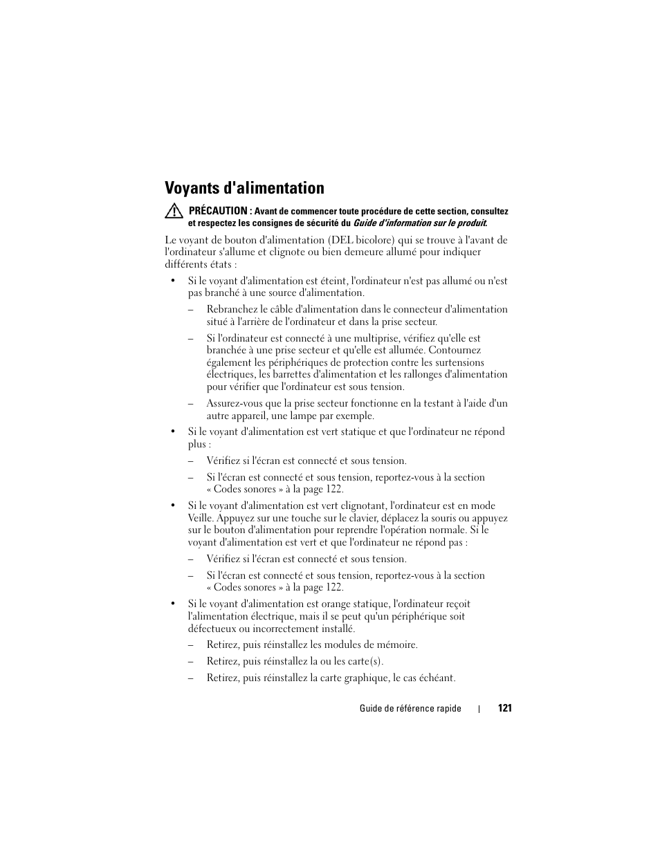 Voyants d'alimentation | Dell OptiPlex 330 (Late 2007) User Manual | Page 121 / 412