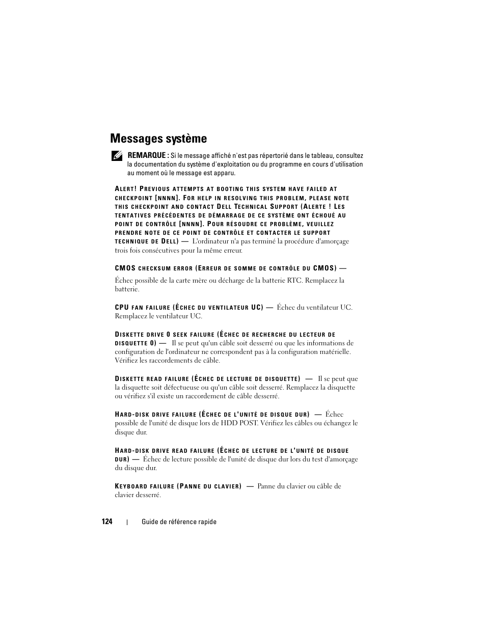 Messages système | Dell OptiPlex 330 (Late 2007) User Manual | Page 124 / 412