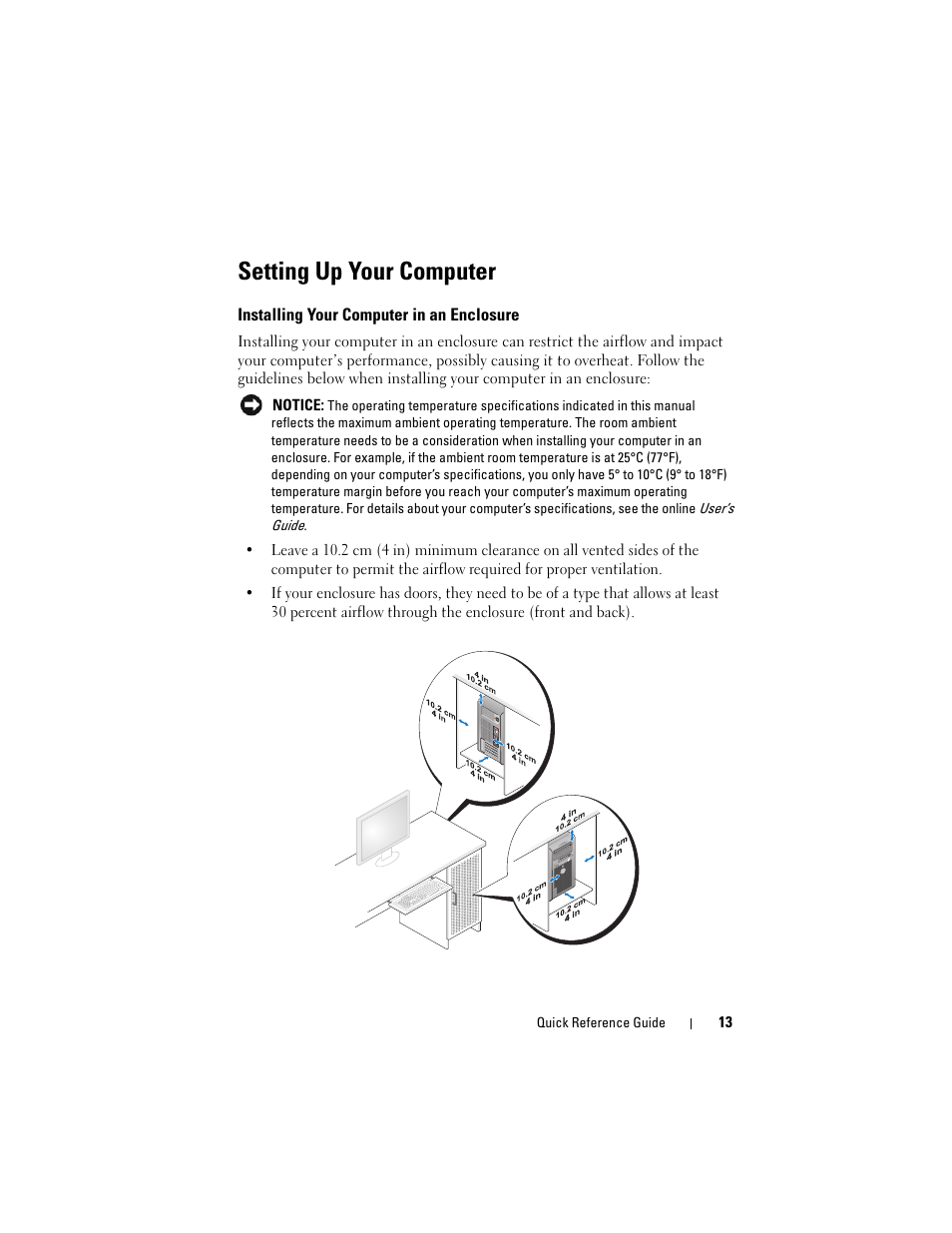 Setting up your computer, Installing your computer in an enclosure | Dell OptiPlex 330 (Late 2007) User Manual | Page 13 / 412