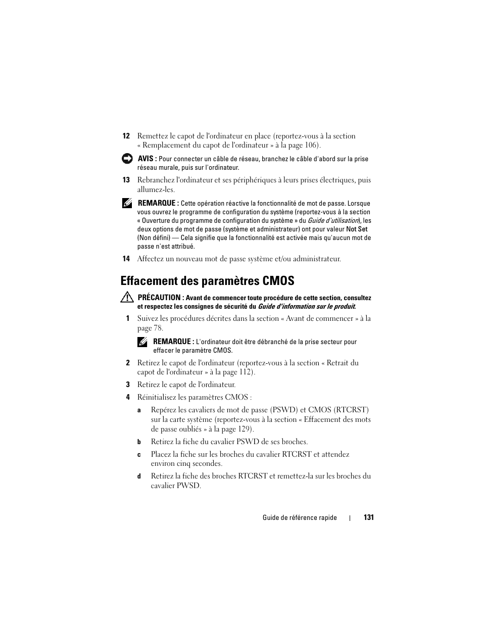 Effacement des paramètres cmos | Dell OptiPlex 330 (Late 2007) User Manual | Page 131 / 412