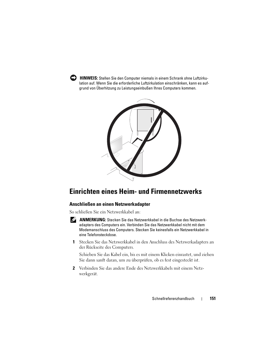 Einrichten eines heim- und firmennetzwerks, Anschließen an einen netzwerkadapter | Dell OptiPlex 330 (Late 2007) User Manual | Page 151 / 412